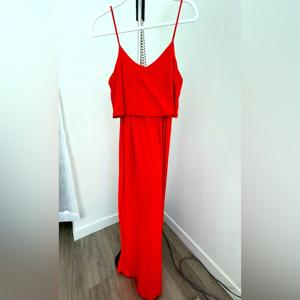 See You Monday Lightweight Coral Red Spaghetti Strap Stretchy Tiered Maxi Dress